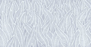 Soyut tropikal arka plan. Palmiye yaprakları, egzotik bitkiler, eğrelti otları ya da canavarlı organik desenler. Duvar kağıdı veya ambalaj kağıdı için botanik tasarım ögesi. Çizgi film doğrusal vektör çizimi