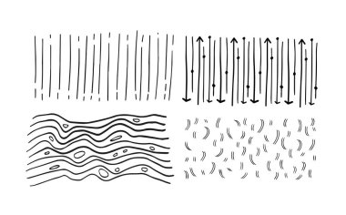 El çizimi grafik elementler. Bir sürü süs eşyası veya oklu desenler, çizgiler, dalgalar ve vuruşlar. Paketleme ve yazdırma şablonu. Beyaz arkaplanda izole edilmiş doğrusal karalama vektör koleksiyonu