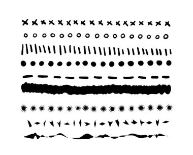 El çizimi grafik elementler. Sivri uçlu kenarlar ya da daireler, çizgiler ve noktalarla süslenmiş süsler. Dekoratif yazdırılabilir nesneler. Beyaz arkaplanda izole edilmiş doğrusal karalama vektör koleksiyonu