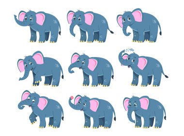 Fil çıkartması seti. Gövdesi olan sevimli gülümseyen Afrikalı hayvan. Savananın ya da ormanın yavru fili. Hayvanat bahçesindeki vahşi memeliler. Çizgi film düz vektör koleksiyonu beyaz arkaplanda izole edildi