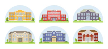 Bir sürü okul. Kolejler ve üniversiteler koleksiyonu. Yeşil çimleri, ağaçları ve çalıları olan eğitim ve öğrenim binaları. Beyaz arkaplanda izole edilmiş çizgi film düz vektör çizimleri