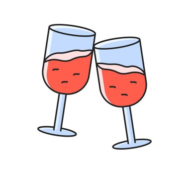 Sevgililer Günü elementi. Şarap kadehleriyle doğrusal romantik ikon. Birbirine aşık çiftler için alkollü içki. Tebrik kartı için tasarım. Çizgi film düz vektör çizimi beyaz arkaplanda izole edildi