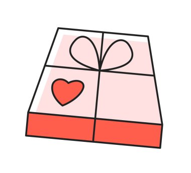 Sevgililer Günü elementi. Kırmızı kalpli pembe hediye kutusu olan romantik bir ikon. Aşkın sürpriz ya da şimdiki sembolü. Bayram Sevgililer Günü için tasarım. Çizgi film düz vektör çizimi beyaz arkaplanda izole edildi