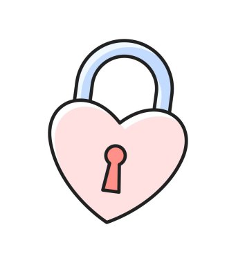 Sevgililer Günü elementi. Şirin romantik kalp şeklinde pembe asma kilit ikonu. Sevgi ve şefkat için anahtar bayram sevgilileri için tasarım. Çizgi film düz vektör çizimi beyaz arkaplanda izole edildi