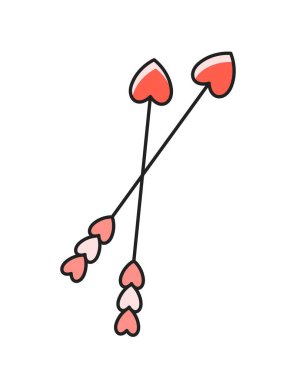 Sevgililer Günü elementi. Kalp şeklinde uçlu iki aşk tanrısı okuyla romantik bir ikon. Aşk silahıyla çizilmiş bir etiket. Kartpostal için tasarım. Çizgi film düz vektör çizimi beyaz arkaplanda izole edildi