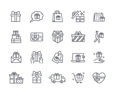 Hediye çizgisi simgeleri ayarlandı. İndirim ve promosyon, özel ve sınırlı bir teklif. Hediye kutuları, ikramiye kartları ve kuponlar. İnternette pazarlama. Beyaz arkaplanda izole edilmiş doğrusal vektör koleksiyonu.