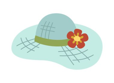 Yaz aksesuarı. Yaz sezonu için modaya uygun şapkalı çıkartma. Plaj tatili için şık kıyafetler ya da aksesuarlar. Çizgi film düz vektör çizimi beyaz arkaplanda izole edildi