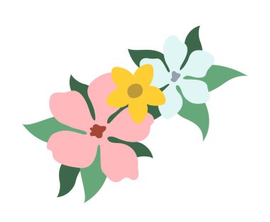 Tropik bitki ikonu. Üzerinde güzel çiçekler, pembe zambaklar ve yeşil yapraklar olan bir çıkartma. Egzotik yabani çiçek. Doğa ve botanik. Çizgi film düz vektör çizimi beyaz arkaplanda izole edildi