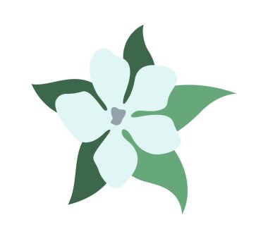 Tropik bitki ikonu. Üzerinde çiçek açan beyaz yapraklı, yeşil yapraklı bir çıkartma. Egzotik bitki ya da zambak. Botanik ve bahçe işleri. Çizgi film düz vektör çizimi beyaz arkaplanda izole edildi