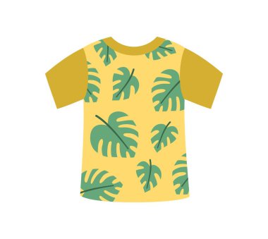 Yaz kıyafetleri. Sıcak sahil sezonu için çiçek desenli şık bir tişört. Kadınlar için modaya uygun kıyafetler. Modaya uygun bir kıyafet. Çizgi film düz vektör çizimi beyaz arkaplanda izole edildi