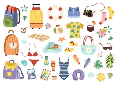 Yaz seyahati için bir takım eşyalar. İçinde turist eşyaları, bavullar, mayo, güneş gözlüğü, terlik olan ikonlar. Plaj tatili için giysi ve aksesuarlar. Çizgi film düz vektör çizimleri beyaz üzerinde izole