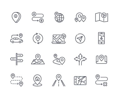 Siyah ve beyaz yer belirleme simgeleri. Harita uygulamaları için çıkartmalar. Seyahat, yol, tatil ve turizm konsepti. Yolu gösteren basit işaretler. Beyaz arkaplanda izole edilmiş çizgi düz vektör koleksiyonu