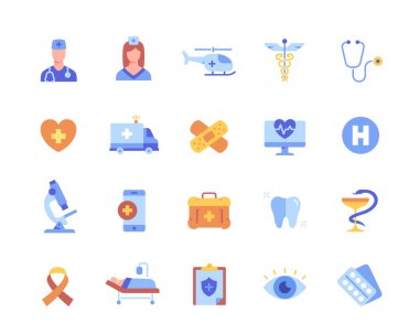 Sağlık etiketleri. Tıp konularında renkli simgelerin unsurları. Sosyal medya ve uygulamalar için hazır. Hastaya acil bakım sağlıyorum. Çizgi film düz vektör koleksiyonu beyaz arkaplanda izole edildi