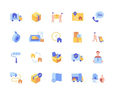 Teslimat servisi hazır. 24 saatlik bir ekiple taşınıyoruz. Kamyon ve posta kutuları olan çıkartmalar. Web siteleri ve aygıtlar için renk simgeleri. Çizgi film düz vektör koleksiyonu beyaz arkaplanda izole edildi