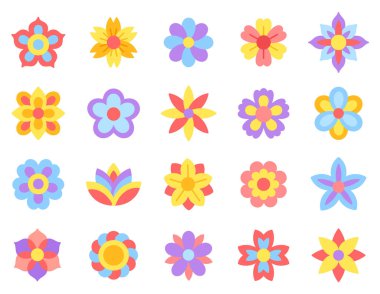 Renkli bitki simgeleri ayarlandı. Doğanın parlak çiçekleri, yabani çiçekler, yeşillik ve çiçek. Web siteleri, mobil uygulamalar için çıkartmalar. Çizgi film düz vektör koleksiyonu beyaz arkaplanda izole edildi