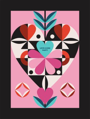 Sevgililer Günü davetiyesi. Geometrik kartın arka planında 14 Şubat partisi için kalp ve şablon var. Aşk, öpücükler, randevu konsepti. Çiçekli süslemeleri olan soyut bir el ilanı. Çizgi film düz vektör çizimi