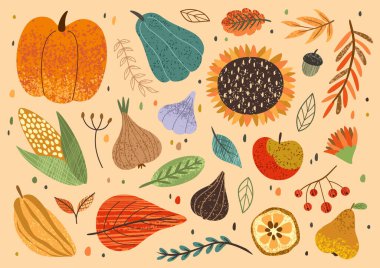 Sonbahar ortası festivali. Sebzeli, meyveli ve meyveli çıkartmalar. Organik, çiftlik ve lezzetli gıda elementleri. Ekim, hasat ve tatil konsepti. El çizimi düz vektör çizimi