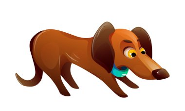 Gerçekçi sevimli hayvan. Yakalı komik bir dachshund köpeği olan renkli bir çıkartma. Kahverengi saçlı ve uzun vücutlu sevimli bir köpek. Hayvan portresi. Çizgi film vektör çizimi beyaz arkaplanda izole edildi