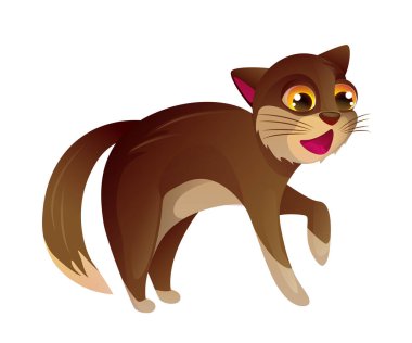 Gerçekçi sevimli hayvan. Tüylü kırma kedili renkli çıkartma. Sevimli, korkmuş kedi yavrusu. Komik evcil hayvan portresi. Yürürken evcil hayvan. Çizgi film vektör çizimi beyaz arkaplanda izole edildi