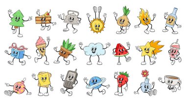 Çizgi film karakterleri ayarlandı. Noel ağacı, dondurma ve hediye. Telefon, gezegen ve çilek. Sosyal ağ için doğrusal moda etiketi koleksiyonu. Düz vektör çizimleri beyaz arkaplanda izole edildi