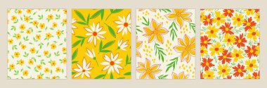 Çiçek desenleri. Kumaş üzerine baskı yapmak için tasarım öğeleri tekrarlanıyor. Bahar ve yaz mevsimi. Çiçek açması ve çiçek açması. Beyaz arkaplanda izole edilmiş çizgi film düz vektör çizimleri