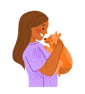 Kucaklaşan çocuk. Küçük mutlu kız, sevimli tüylü köpeğine sarılıyor. Çocuk evcil hayvanına ya da köpeğine bakar. Anaokulu çocuğu hayvanı kucaklıyor ve sevgisini gösteriyor. Çizgi film düz vektör çizimi