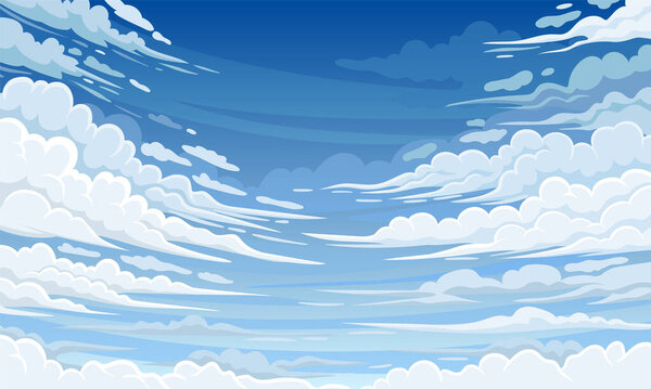 Sky clouds background. Nice anime backdrop. Natural landscape, scene for video game and arcade. Heavens with bright weather in summer or spring. Japanese style banner. Cartoon flat vector illustration