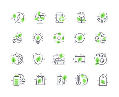 Eko geri dönüşüm simgeleri renk seti. Web sitesi için grafik elementlerin toplanması. Doğayı ve çevreyi önemsemek, sıfır atık ve yeniden kullanım. Beyaz arkaplanda izole edilmiş çizgi film düz vektör çizimleri