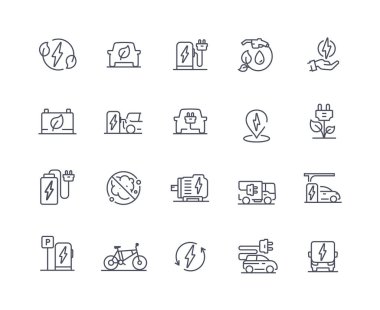 Elektro araba taslak simgeleri ayarlandı. Araba, kamyon ve bisiklet. Elektrik doldur ve doldur. Sürdürülebilir yaşam tarzı ve alternatif enerji kaynakları. Beyaz arkaplanda izole edilmiş çizgi film düz vektör çizimleri