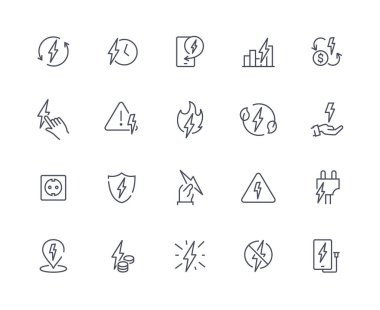 Enerji bağlantılı dış hat simgeleri ayarlandı. Sürdürülebilir yaşam tarzı ve alternatif enerji kaynakları. Çevre dostu elektrik ve sıfır atık. Beyaz arkaplanda izole edilmiş çizgi film düz vektör çizimleri