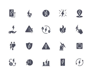 Enerji bağlantılı siyah simgeler ayarlandı. Kalkan ve işaret fişeği, yıldırım, tehlike uyarısı, yüksek voltaj uyarısı. Elektrik ve güç. Beyaz arkaplanda izole edilmiş çizgi film düz vektör çizimleri