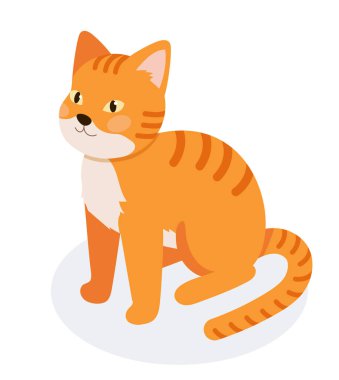Isome turuncu kedisi. Sevimli ve oyuncu kedi yavrusu oturuyor. Oyunlar ve animasyonlar için karakter. Kuyruğu ve pençeleri olan sevimli memeliler. Kedi, miyav ve kürk. Çizgi film vektör illüstrasyonu