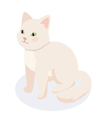 Isome beyaz kedisi. Sevimli kedi yavrusu oturuyor. Mutlu ve halinden memnun bir karakter. Olumlu duygular. Evcil hayvan ve evcil hayvan. Web sitesi afişi ya da afişi. Çizgi film vektör illüstrasyonu