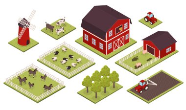 Isometric çiftlik seti. Ev, ahır ve hayvanlı kalemler, yel değirmeni ve tarla. Sığırlar, yulaflar, atlar ve ağaçlar. Çiftçilik ve tarım. Çizgi film 3 boyutlu vektör çizimleri beyaz arkaplanda izole edildi
