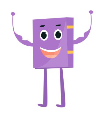 Mutlu menekşe kitapları. Çekici karakter gülümser ve ellerini kaldırır, başarıyı kutlar. Bilgi ve bilgi, yararlı hobi ve kişisel gelişim. Çizgi film düz vektör çizimi