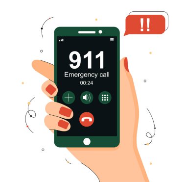 Acil çağrı konsepti. Akıllı telefonu ya da telefonu olan ve 911 'i arayan bir karakter. Hükümet hizmetleri, itfaiyeciler, polis ve ambulanslar. Parmak dokunma düğmesi. Çizgi film düz vektör çizimi