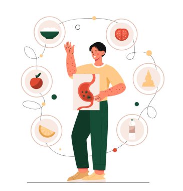 Food allergy concept. Man with sick stomach and indigestion with food icons. Tomato, water, rice, cheese and apple. Skin diseases and allergens. Fart and flatulence. Cartoon flat vector illustration clipart