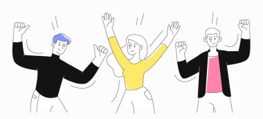 Mutlu bir grup insan. Erkekler ve kadınlar ellerini kaldırıp başarıyı kutluyorlar. Olumlu duygular. Olumlu ve iyimser. Arkadaşlar ve meslektaşlar. Çizgi film düz vektör çizimi