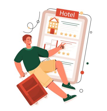 Arama evi konsepti. Adam akıllı telefondan oteli mobil uygulamadan seçiyor, kullanıcı yorumlarını okuyor. Tatil ve dinlenme, daire rezervasyonu. Yolculuk ve konaklama. Çizgi film düz vektör çizimi