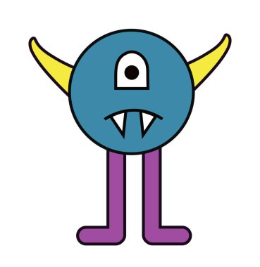 Mavi yuvarlak canavar. Tek gözlü, sarı boynuzlu ve sivri dişli korkunç bir tip. Sosyal ağlar ve anlık kuryeler için etiket. Video oyunu karakteri. Çizgi film düz vektör çizimi