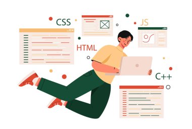 Programlama kavramı. Dizüstü bilgisayarı olan adam programlar, uygulamalar ve web siteleri için arayüz geliştiriyor. İş yerinde bilişim uzmanı ve programcı. Çizgi film düz vektör çizimi