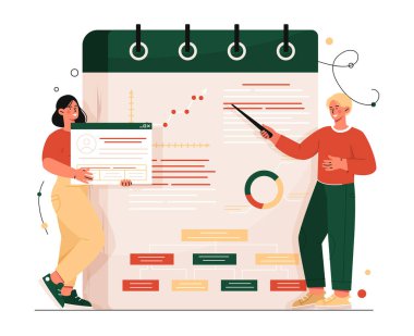 Proje yönetimi konsepti. Kadın ve erkek grafikleri analiz eder. İstatistik, veri görselleştirme ve bilgi grafikleriyle çalışmak. Proje üzerinde çalışan iş arkadaşları ve ortaklar. Çizgi film düz vektör çizimi