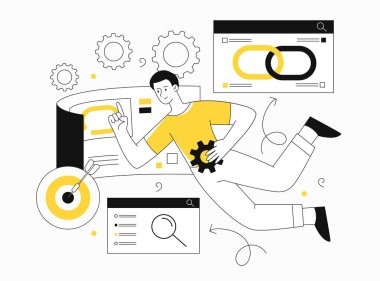 İkinci bağlantı konsepti. Elinde teçhizat olan adam çizelgeleri analiz eder. Web sitesi ve sayfa optimizasyonu. İnternet ve içerik ve kullanıcı davranışlarının değerlendirilmesi üzerine promosyon. Çizgi film düz vektör çizimi