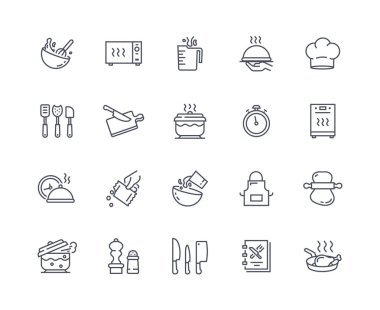 Yemek ikonları dizisi hazır. Web sitesi için grafiksel öğeler. Aşçı şapkası ve önlüğü. Soba ve mikrodalga fırın, çorba tenceresi ve sıcak yemek kabı. Bıçak, kaşık ve spatula. Doğrusal düz vektör çizimleri koleksiyonu