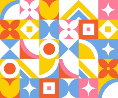 Mozaik kusursuz desen. Kumaş, tekstil ya da pamuk üzerine baskı yapmak için tasarım öğesi tekrarlanıyor. Farklı geometrik renkli figürlerin süsleri. Çizgi film düz vektör çizimi