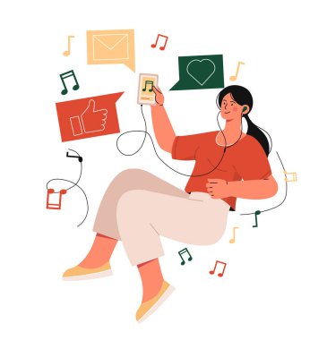 Kulaklıklı kadın. Akıllı telefonu olan genç bir kız müzik dinler. Favori şarkılar ve çalma listesi. Dinlen ve rahatla. Mutlu karakter melodiyi sever. Çizgi film düz vektör çizimi