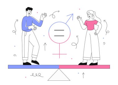 Cinsiyet eşitliği kavramı. Erkek ve kadın eşit işaretin yakınında. Kariyer fırsatları, hoşgörü ve birlik. Feminizm ve haklar için savaş, kadın gücü. Çizgi film düz vektör çizimi