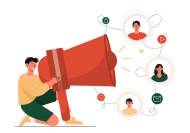 Çalışanları cesaretlendiriyor. Hoparlörlü adam genç kızların ve erkeklerin avatarlarının arka planına karşı. İK müdürü boş yer arıyor. Çizgi film düz vektör çizimi