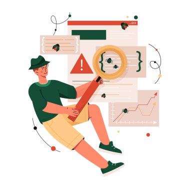 Cyborg konsepti buluyor. Yeşil tişörtlü ve şapkalı bir adam büyüteçle kod ve dinleme cihazlarında hata arar. Programcı ve bilişim uzmanı kodlama. Çizgi film düz vektör çizimi