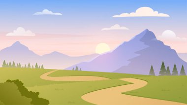 Dağlarda sabah. Güzel doğal manzara. Buzullar ve kayalar. Yaz ve bahar manzarası. Duvar kağıdı ya da arka plan. Gün batımlı ya da gündoğumlu sahne. Çizgi film düz vektör çizimi